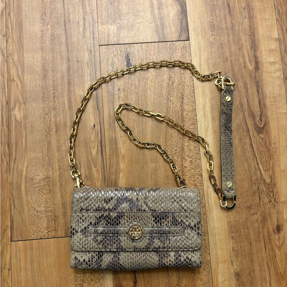 Tory Burch Snake Print Crossbody Bag with Gold Chain